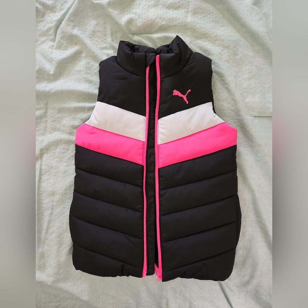 Puma Youth Puffer Vest Black, White, and Hot Pink Size 5/6